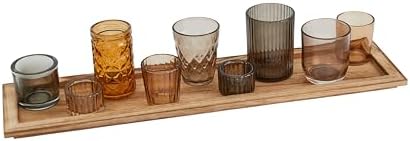 Wood Tray with 9 Brown Glass Votive Holders