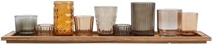 Wood Tray with 9 Brown Glass Votive Holders