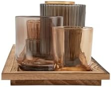 Wood Tray with 9 Brown Glass Votive Holders