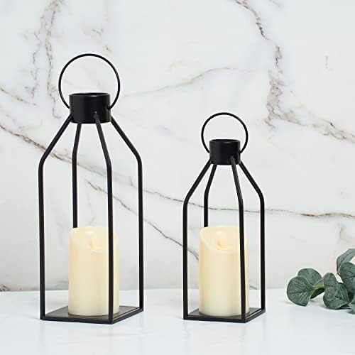 Flickering Black Metal Candle Lantern with Timer Modern Farmhouse Decor