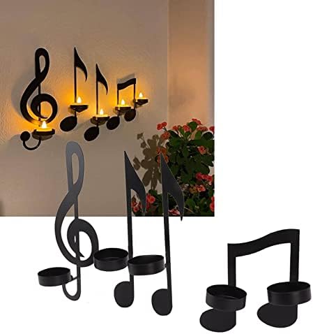 4Pcs Wall Hanging Candle Sconces Black Metal Music Note Candle Holders with Sticker