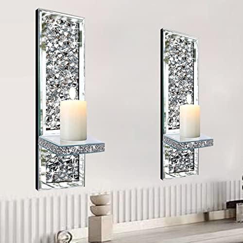 Mirrored Silver Candle Sconce with Crystal Decorations