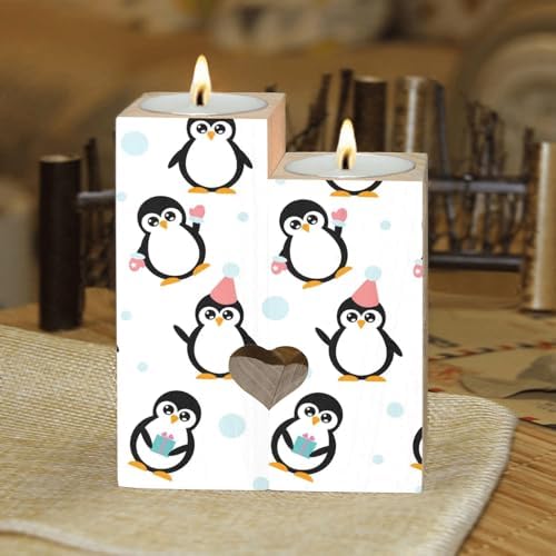 Little Cartoon Penguins Heart Candle Holders