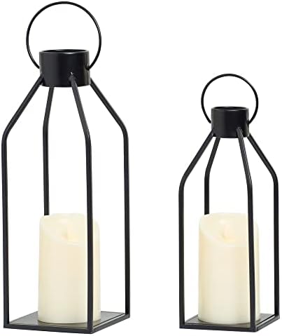 Flickering Black Metal Candle Lantern with Timer Modern Farmhouse Decor