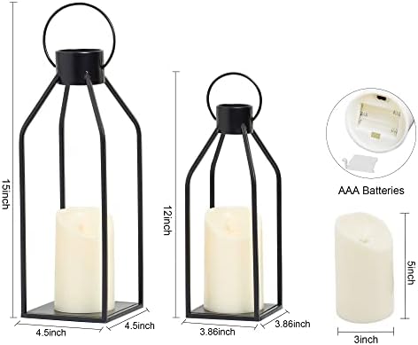 Flickering Black Metal Candle Lantern with Timer Modern Farmhouse Decor