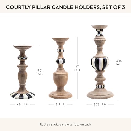 Mackenzie-Childs Pillar Candle Holder Set - Elegant Black-and-White Courtly Check Stripe