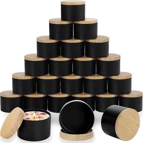 ABK 24PCS 4oz Black Metal Candle Tins with Wood-Grain Lids
