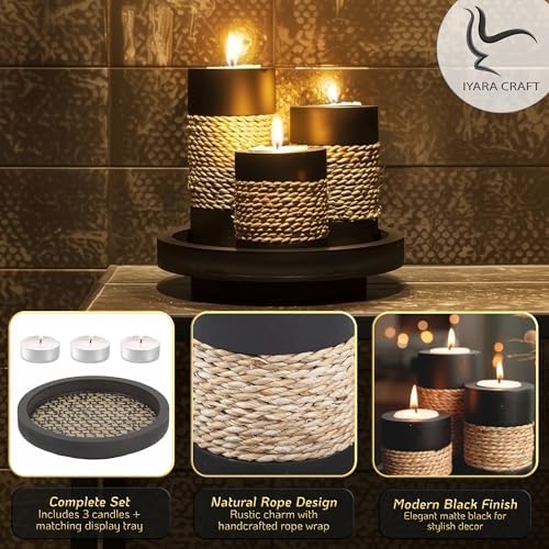Elegant Tealight Candle Holder Set - Rustic Black Wooden with Handmade Rope Accents