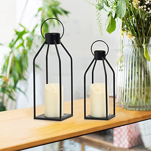 Flickering Black Metal Candle Lantern with Timer Modern Farmhouse Decor
