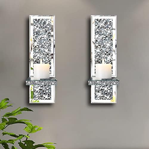 Mirrored Silver Candle Sconce with Crystal Decorations