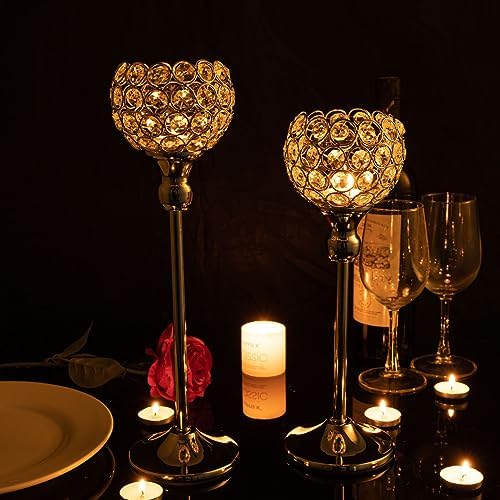 VINCIGANT Gold Crystal Candle Holders Set of 2 - Elegant