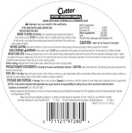 Cutter Candle Outdoor Citronella Mint Oils mosquitoes repel 17 oz jar