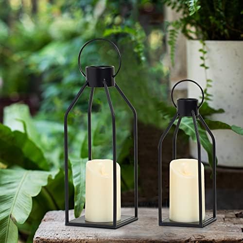 Flickering Black Metal Candle Lantern with Timer Modern Farmhouse Decor