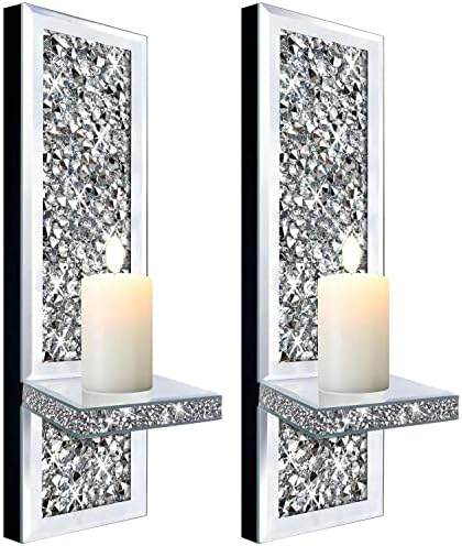 Mirrored Silver Candle Sconce with Crystal Decorations