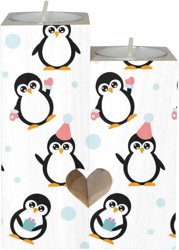 Little Cartoon Penguins Heart Candle Holders