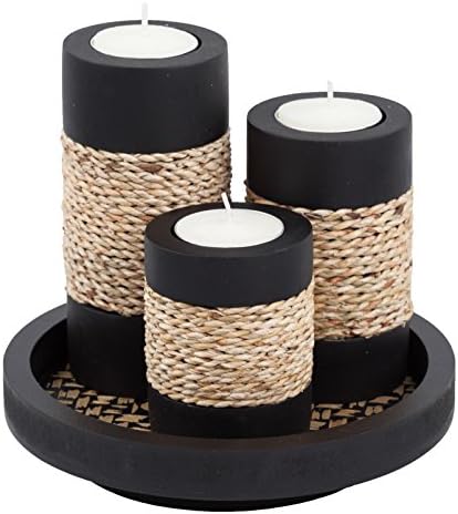 Elegant Tealight Candle Holder Set - Rustic Black Wooden with Handmade Rope Accents