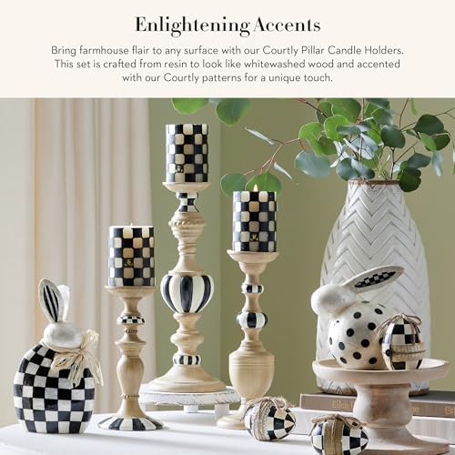 Mackenzie-Childs Pillar Candle Holder Set - Elegant Black-and-White Courtly Check Stripe