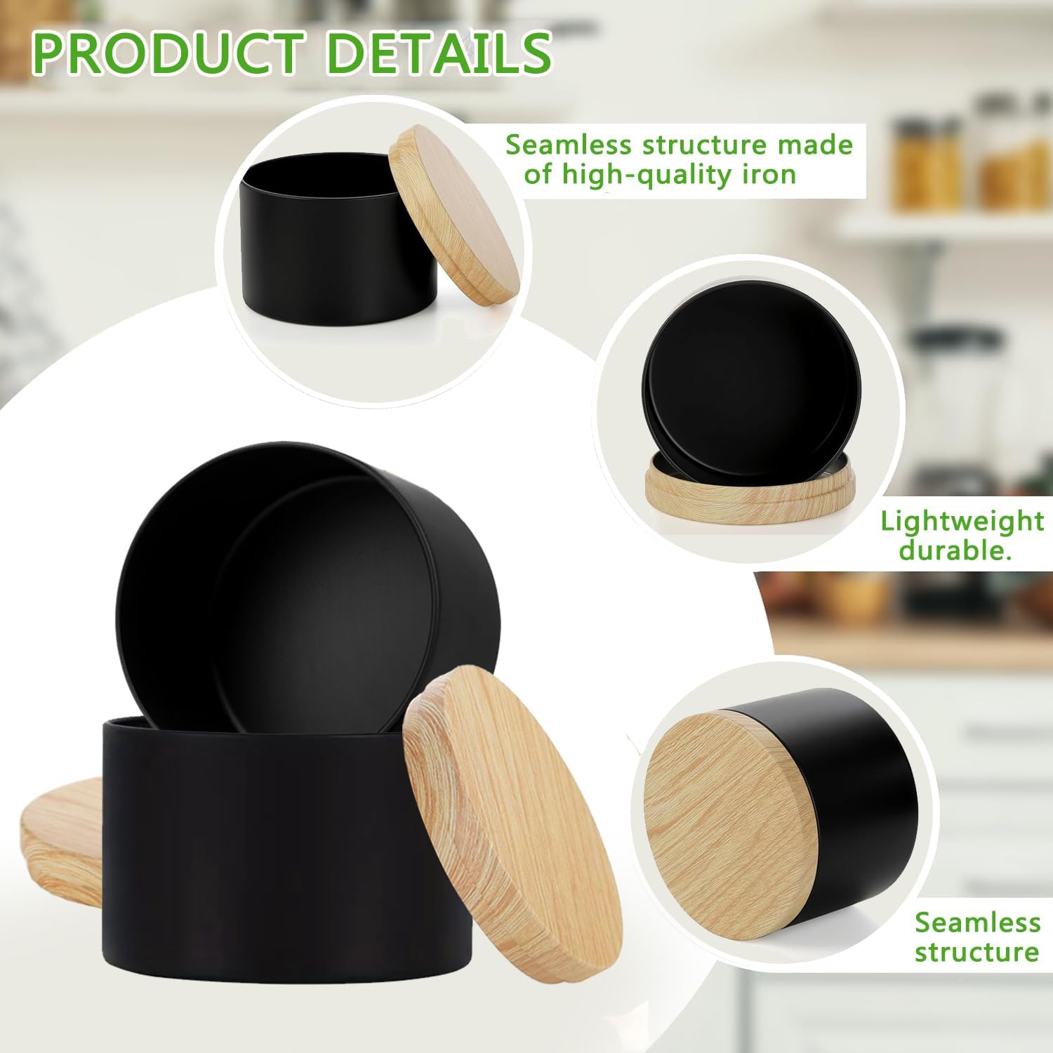 ABK 24PCS 4oz Black Metal Candle Tins with Wood-Grain Lids
