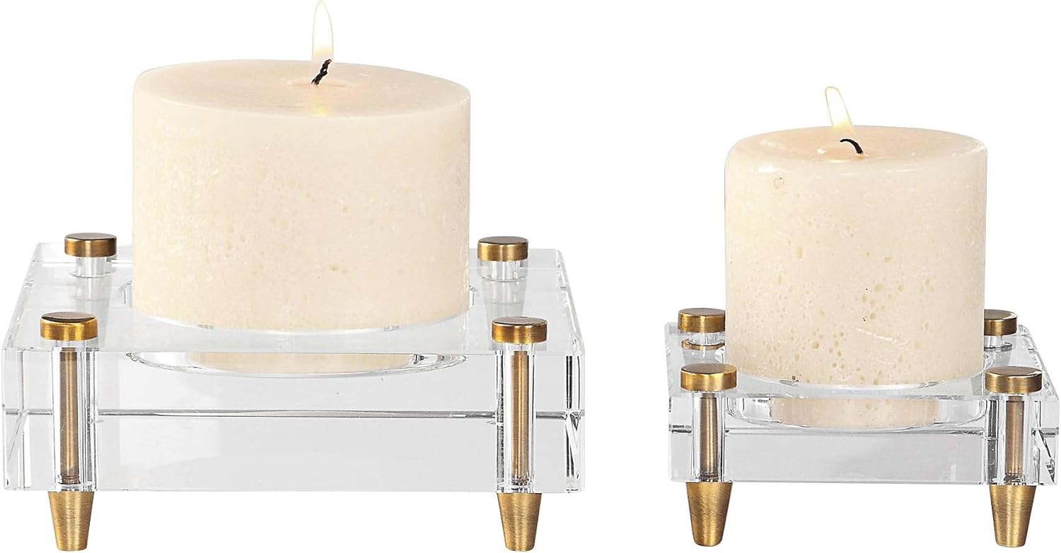 Uttermost brass and crystal pillar candle holder set 2-pieces