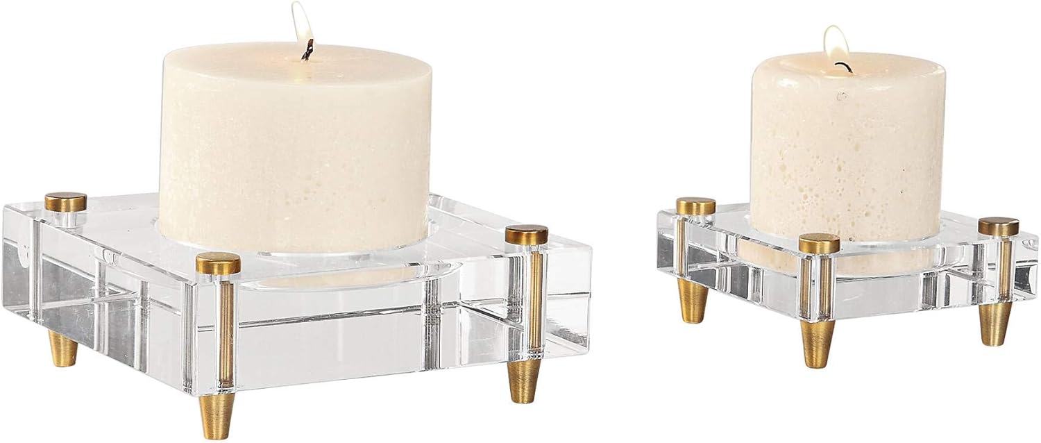 Uttermost brass and crystal pillar candle holder set 2-pieces