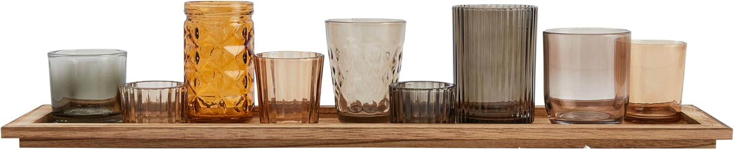 Wood Tray with 9 Brown Glass Votive Holders