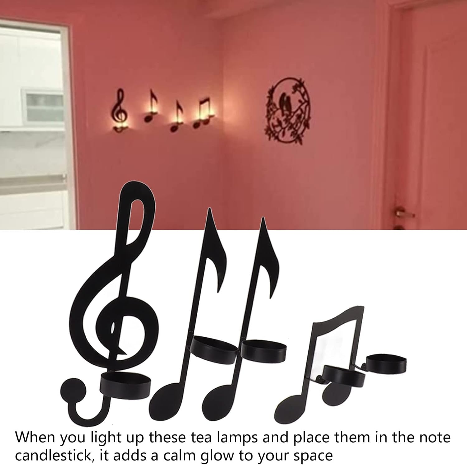 4Pcs Wall Hanging Candle Sconces Black Metal Music Note Candle Holders with Sticker