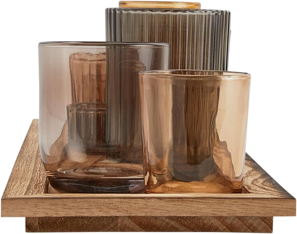 Wood Tray with 9 Brown Glass Votive Holders