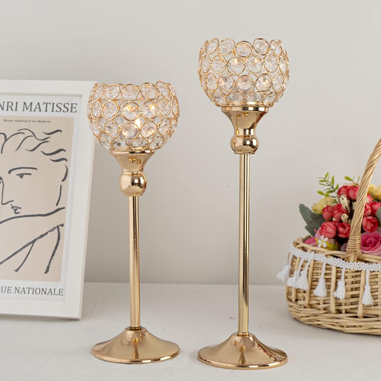 VINCIGANT Gold Crystal Candle Holders Set of 2 - Elegant