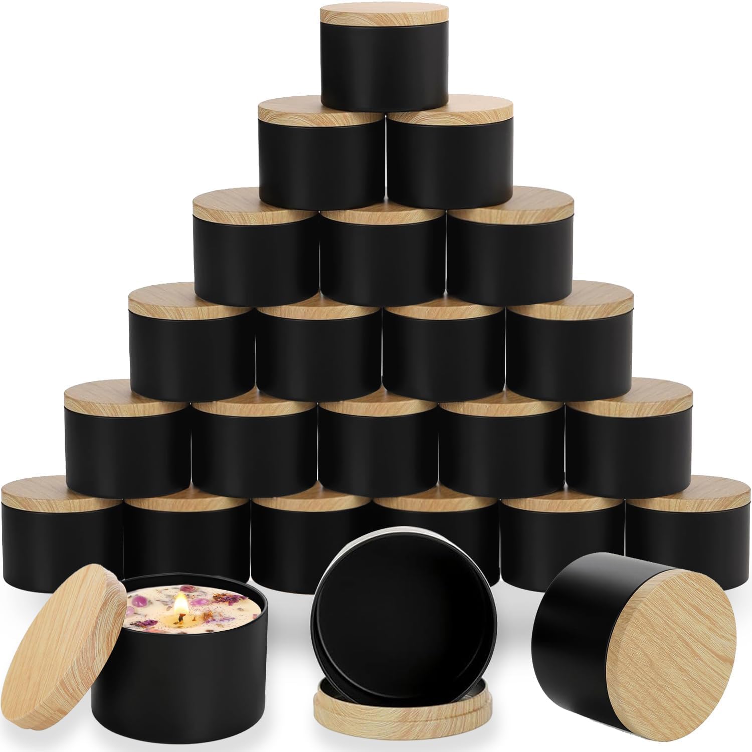 ABK 24PCS 4oz Black Metal Candle Tins with Wood-Grain Lids