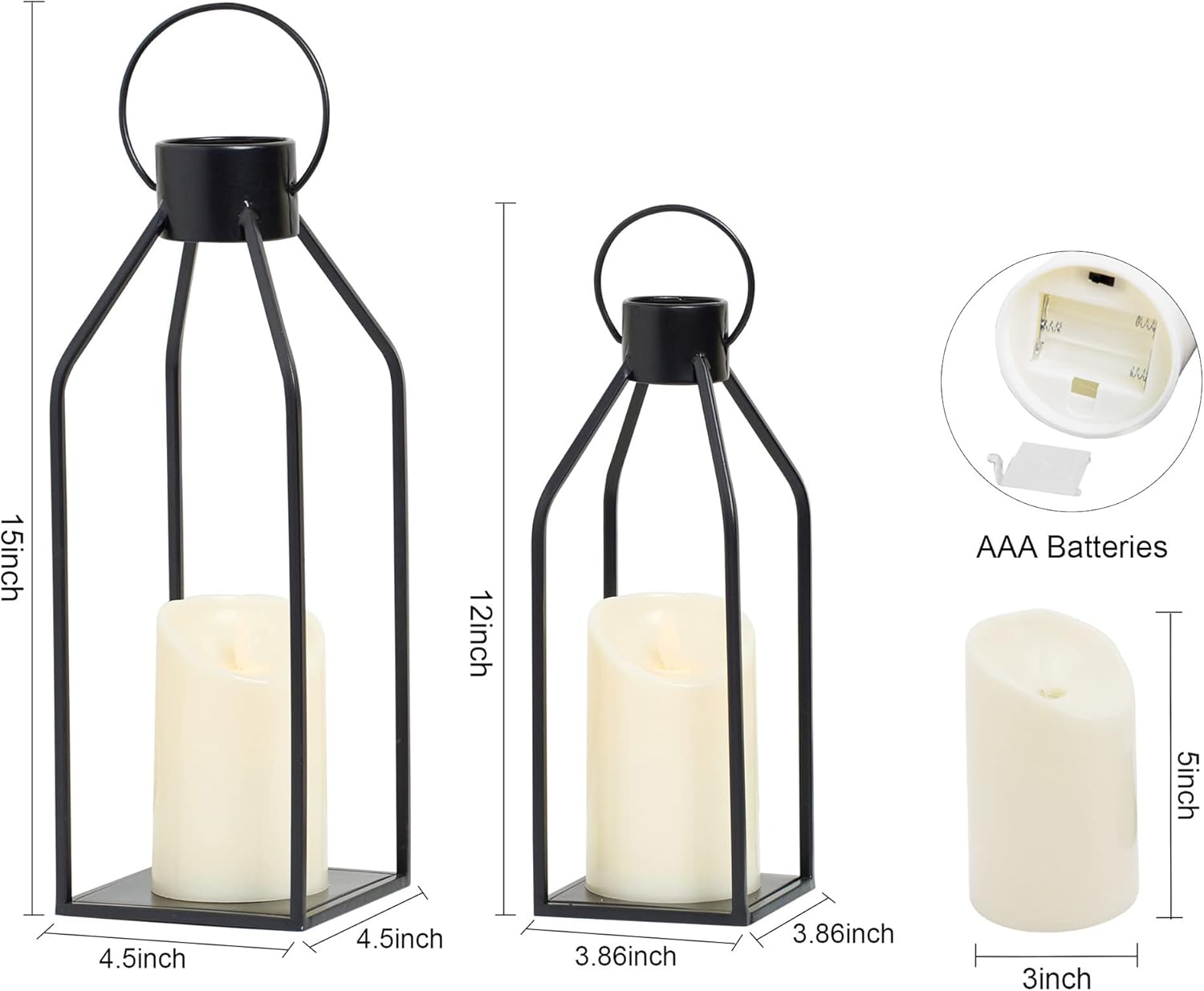 Flickering Black Metal Candle Lantern with Timer Modern Farmhouse Decor