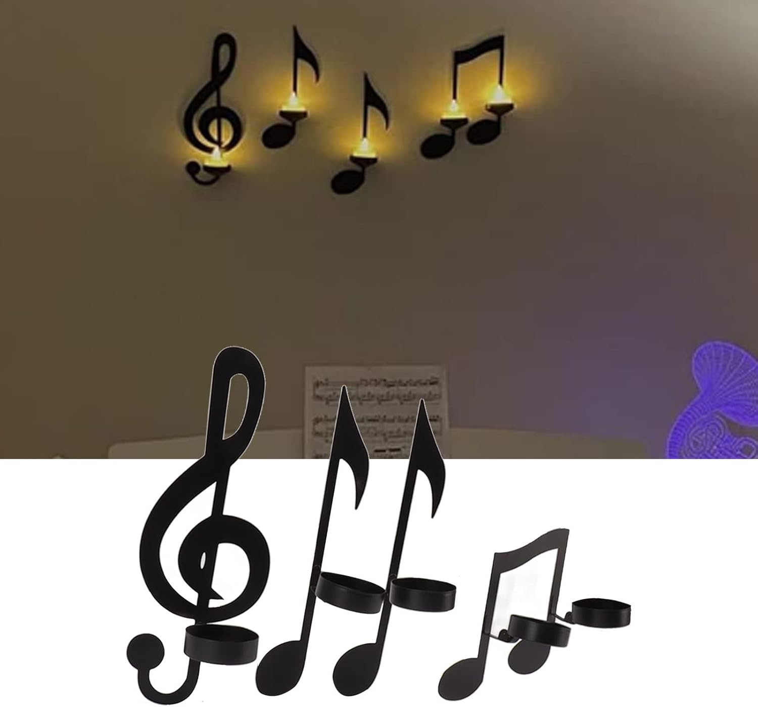 4Pcs Wall Hanging Candle Sconces Black Metal Music Note Candle Holders with Sticker