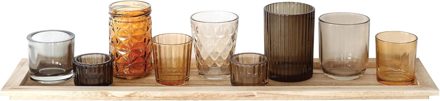 Wood Tray with 9 Brown Glass Votive Holders