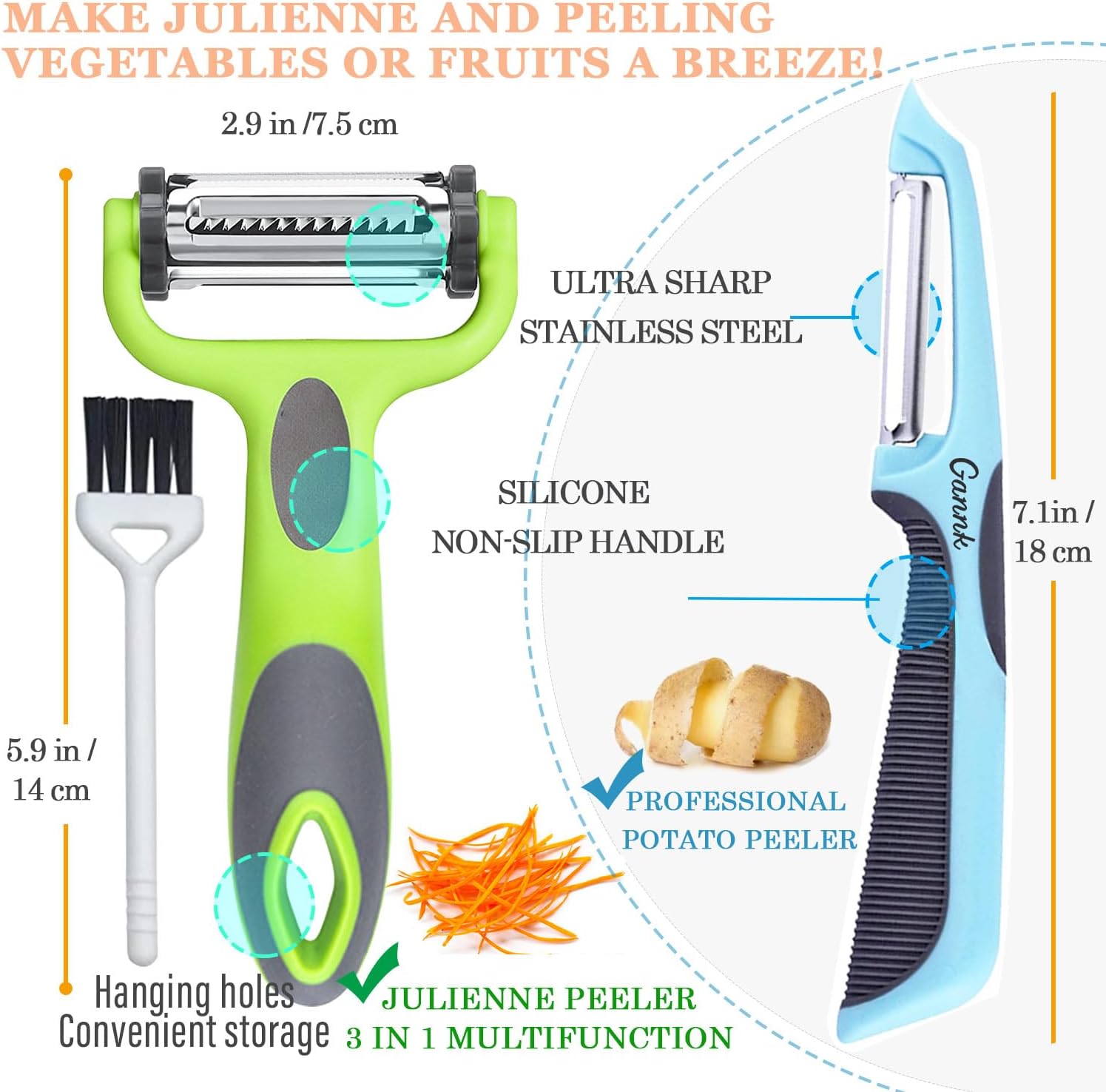 3-in-1 Julienne Potato Peeler Set with Julienne Bit and Potato Nullifier