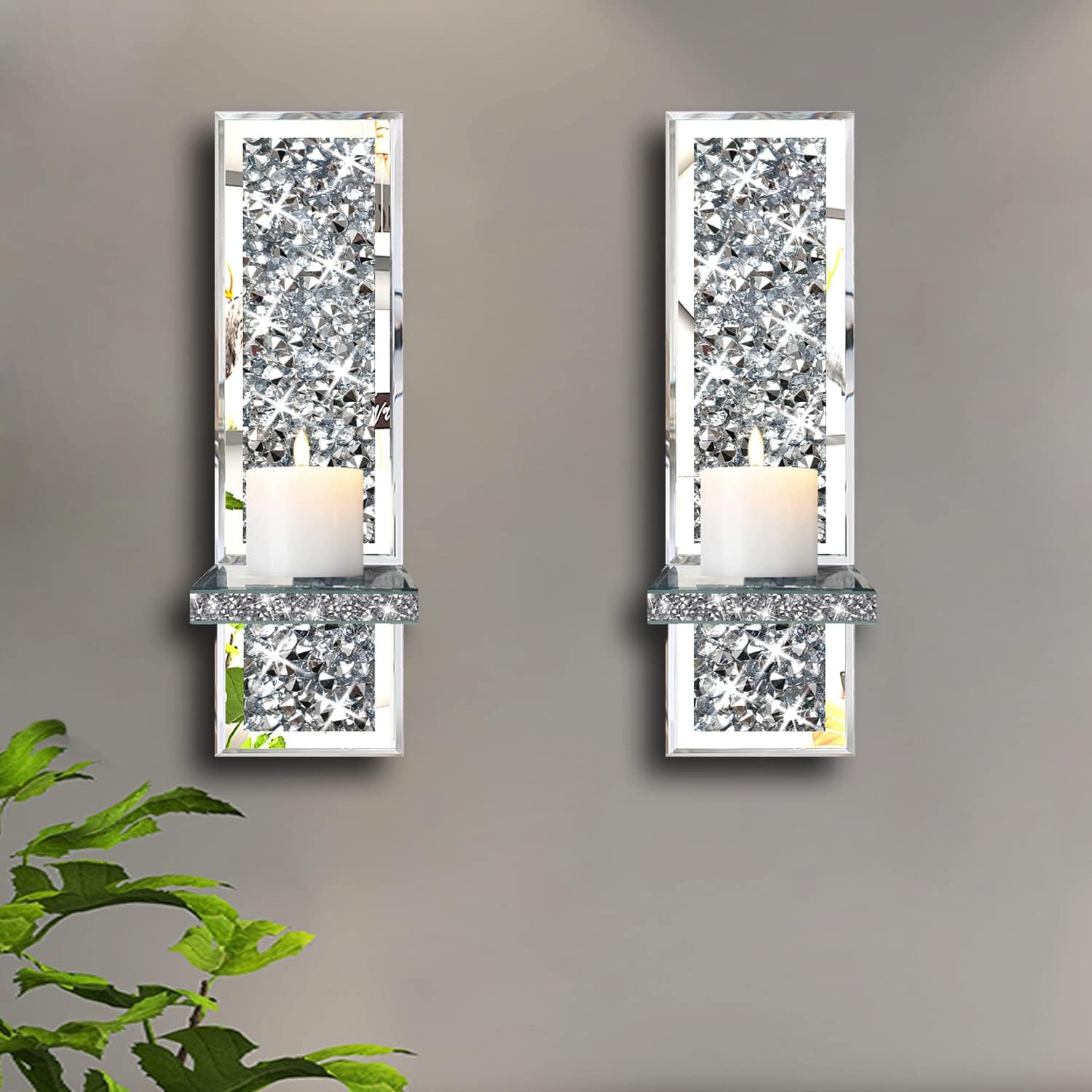 Mirrored Silver Candle Sconce with Crystal Decorations