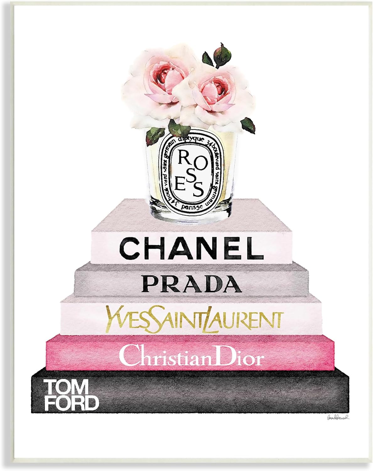 Stupell Industries Book Stack Fashion Candle Pink Rose