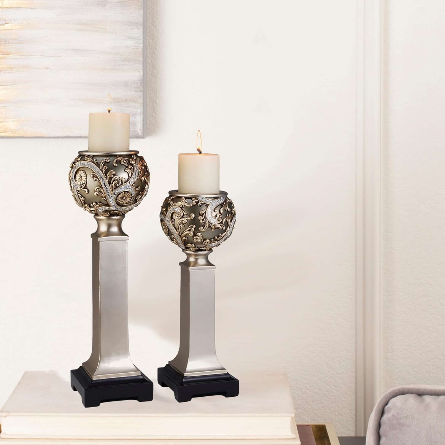 Strawberry Fairy Polyresin Candleholder Set of 2 - Romantic Vine Design Silver Finish