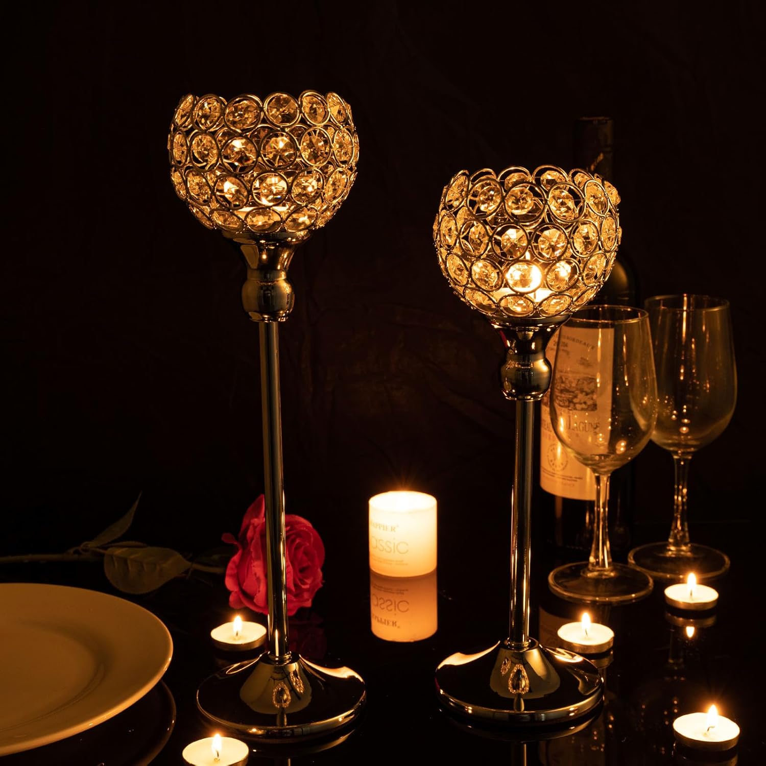 VINCIGANT Gold Crystal Candle Holders Set of 2 - Elegant