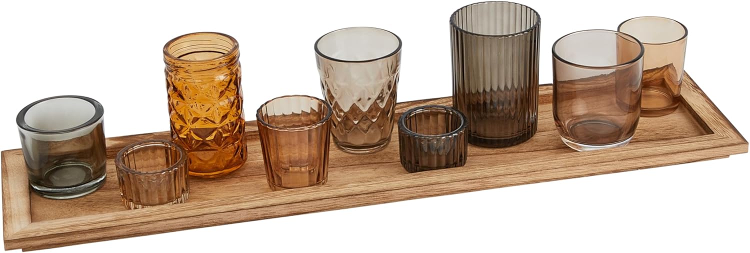 Wood Tray with 9 Brown Glass Votive Holders