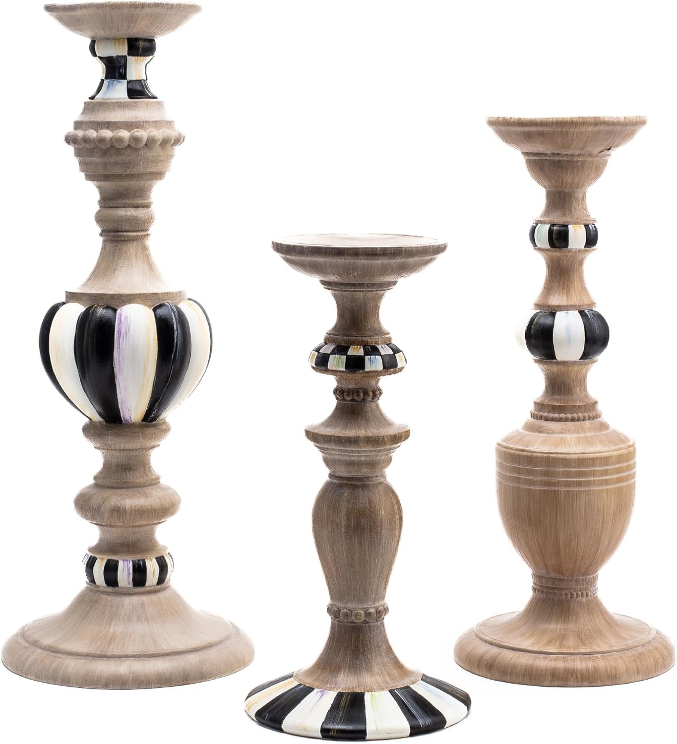 Mackenzie-Childs Pillar Candle Holder Set - Elegant Black-and-White Courtly Check Stripe