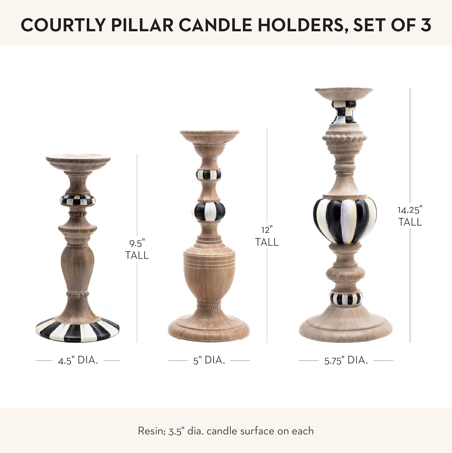 Mackenzie-Childs Pillar Candle Holder Set - Elegant Black-and-White Courtly Check Stripe