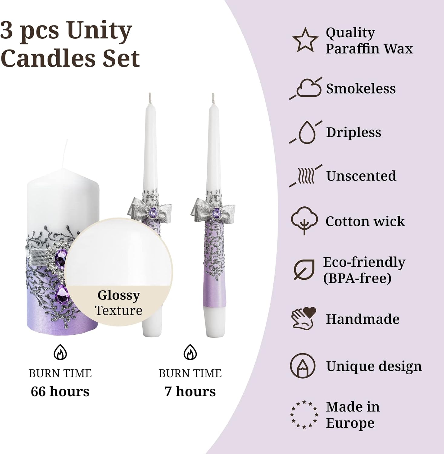 VABA Pure Purple Unity Wedding Candles Set