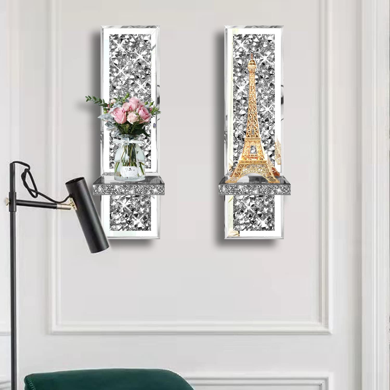 Mirrored Silver Candle Sconce with Crystal Decorations