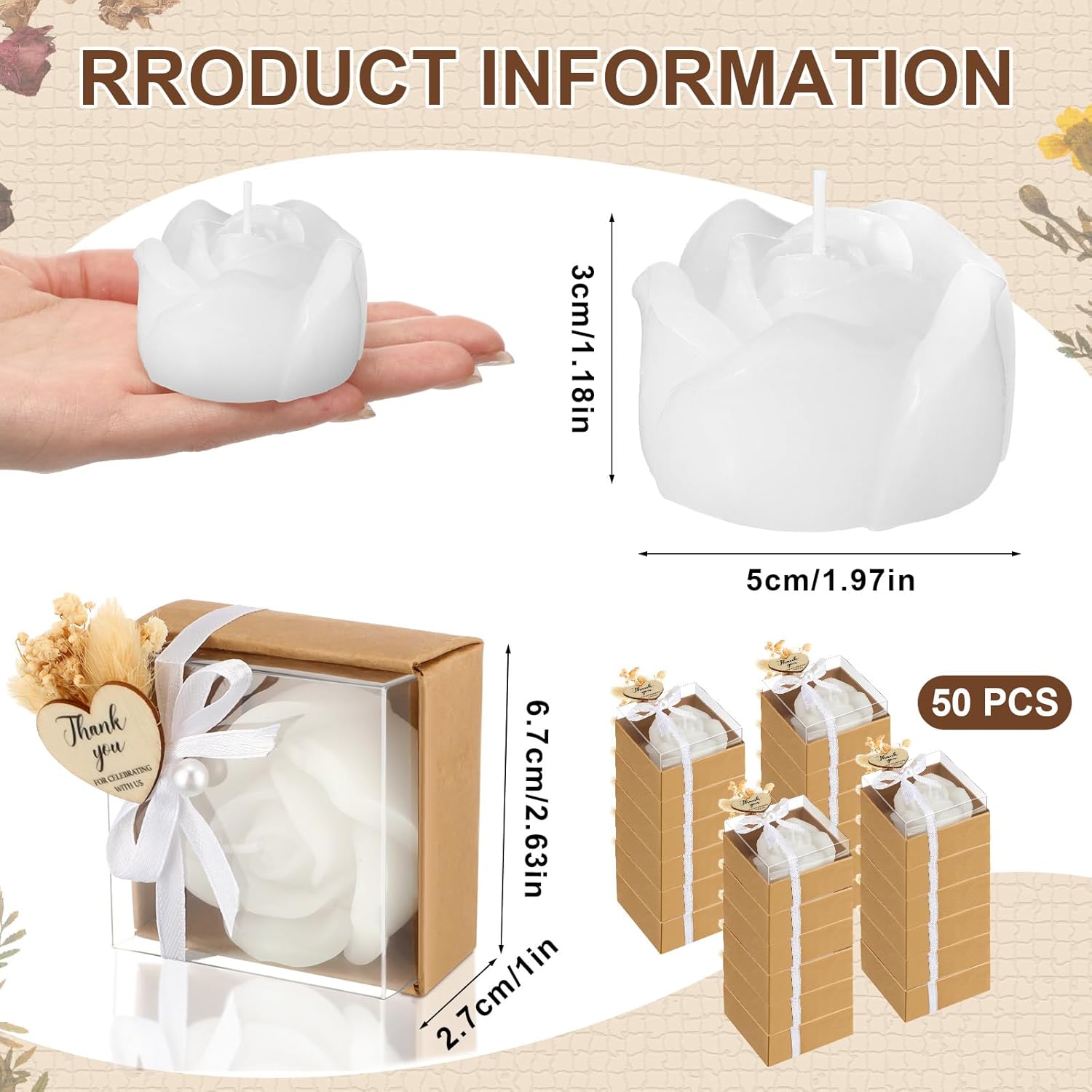 50 Sets Wedding Rose Candles Favor for Gifting