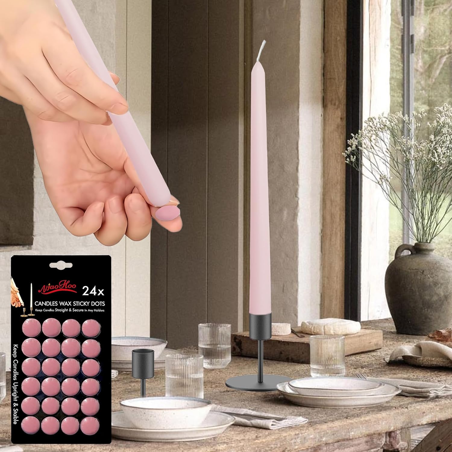 NJAO HOO Candle Adhesive Taper Candle Accessories 24 Pink Candle Dots