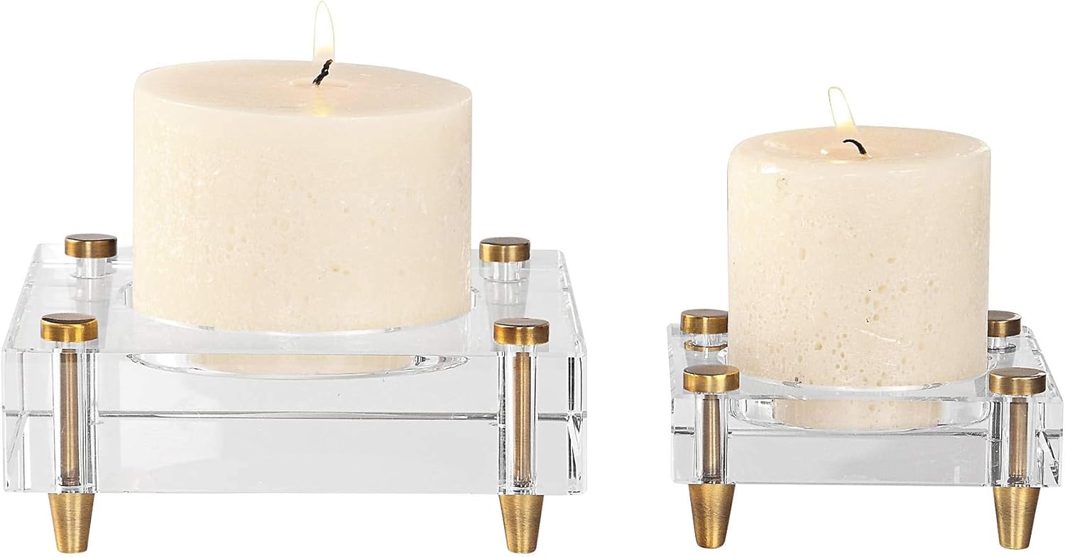 Uttermost brass and crystal pillar candle holder set 2-pieces