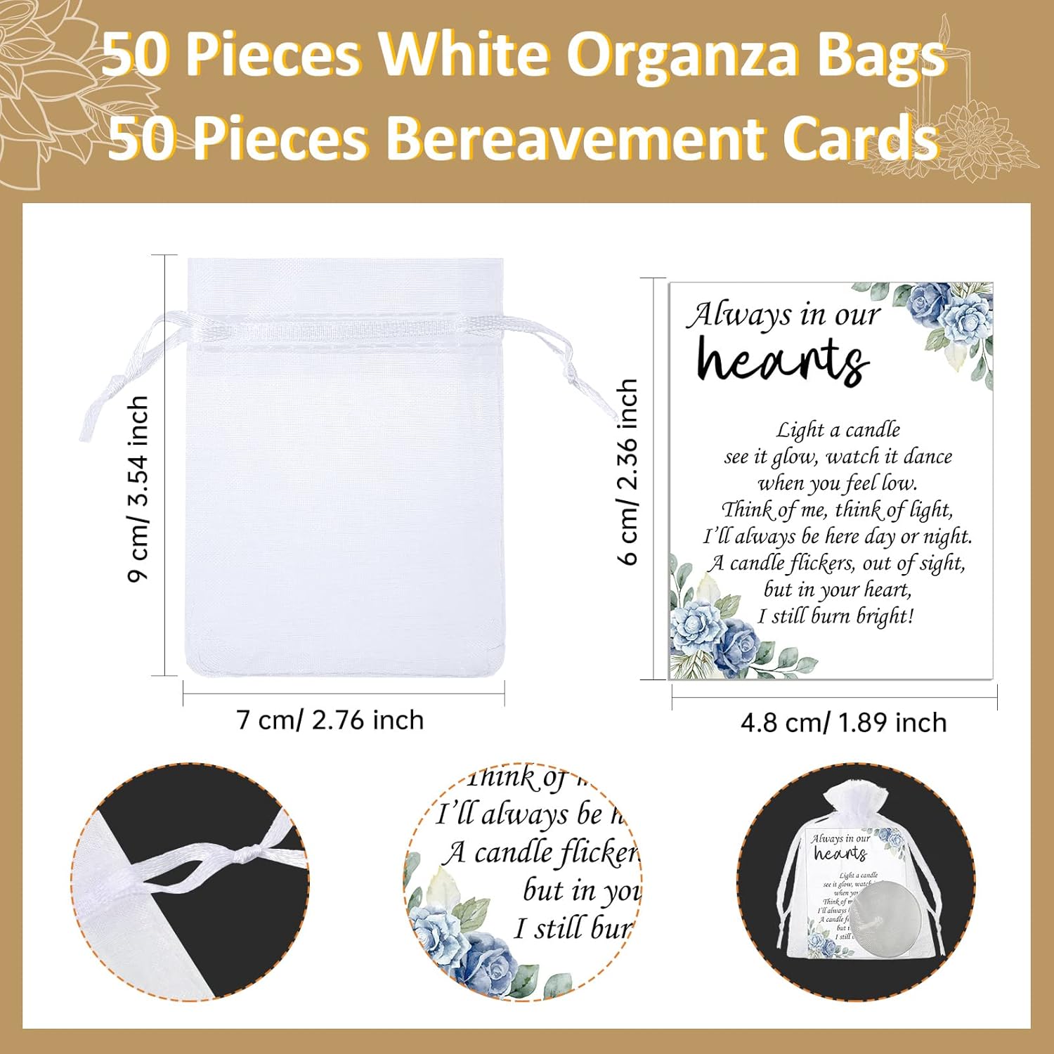 50 Set funeral party favors memorial white tea lights cards