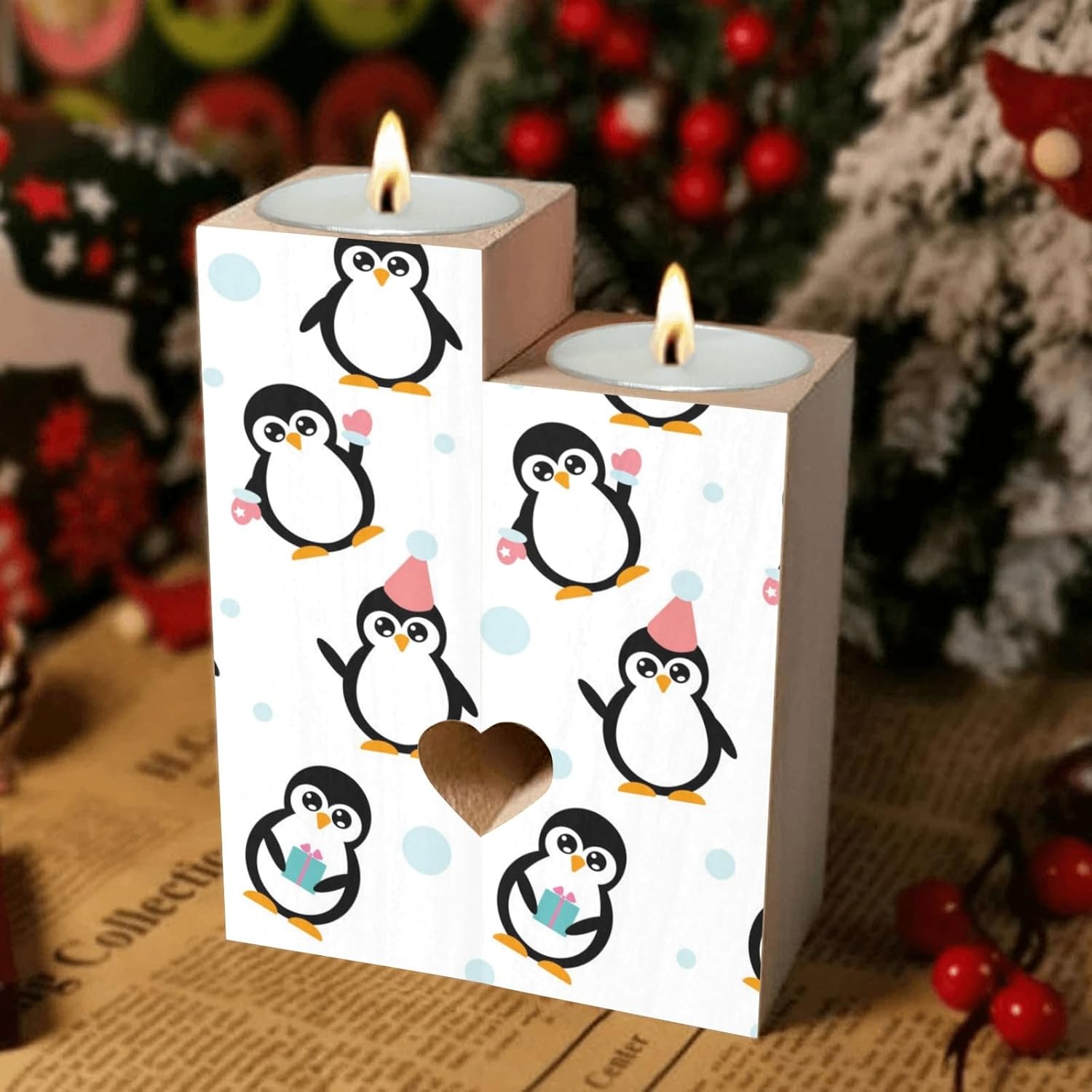 Little Cartoon Penguins Heart Candle Holders