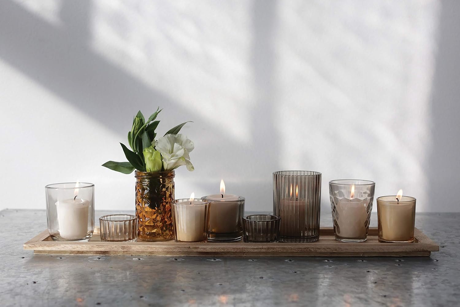 Wood Tray with 9 Brown Glass Votive Holders