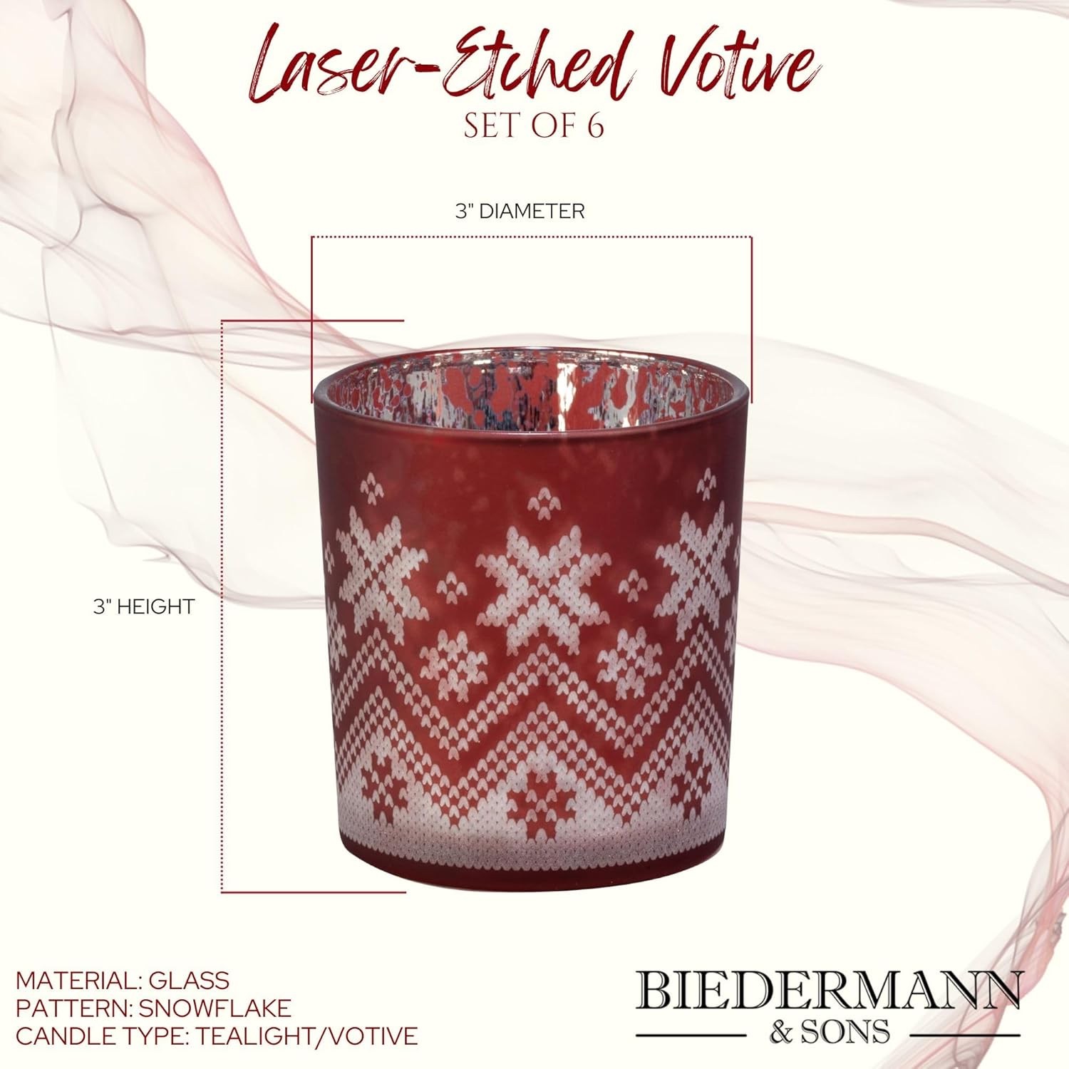 Biedermann Sons 6-Piece Christmas Snowflake Candle Holder Set Glittering Red Design
