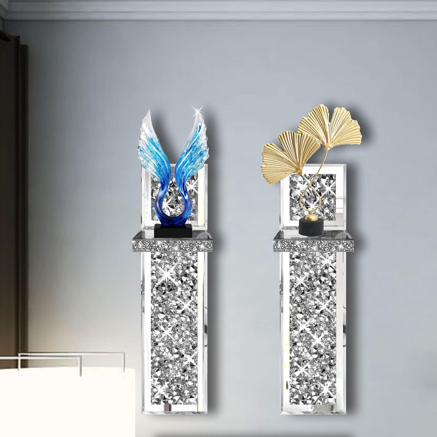 Mirrored Silver Candle Sconce with Crystal Decorations